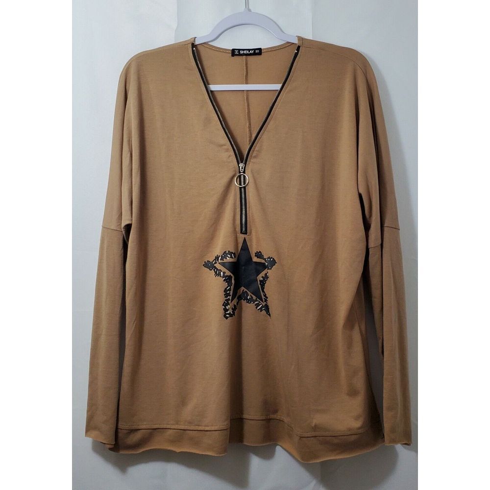 Sheilay Womens Blouse Medium Long Sleeve Brown Cotton Zipper Stars Vneck‎ Ladies